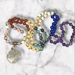 Hand Tied Gemstone Chakra Bead Tree Of Life Pendant Necklace 32"‎